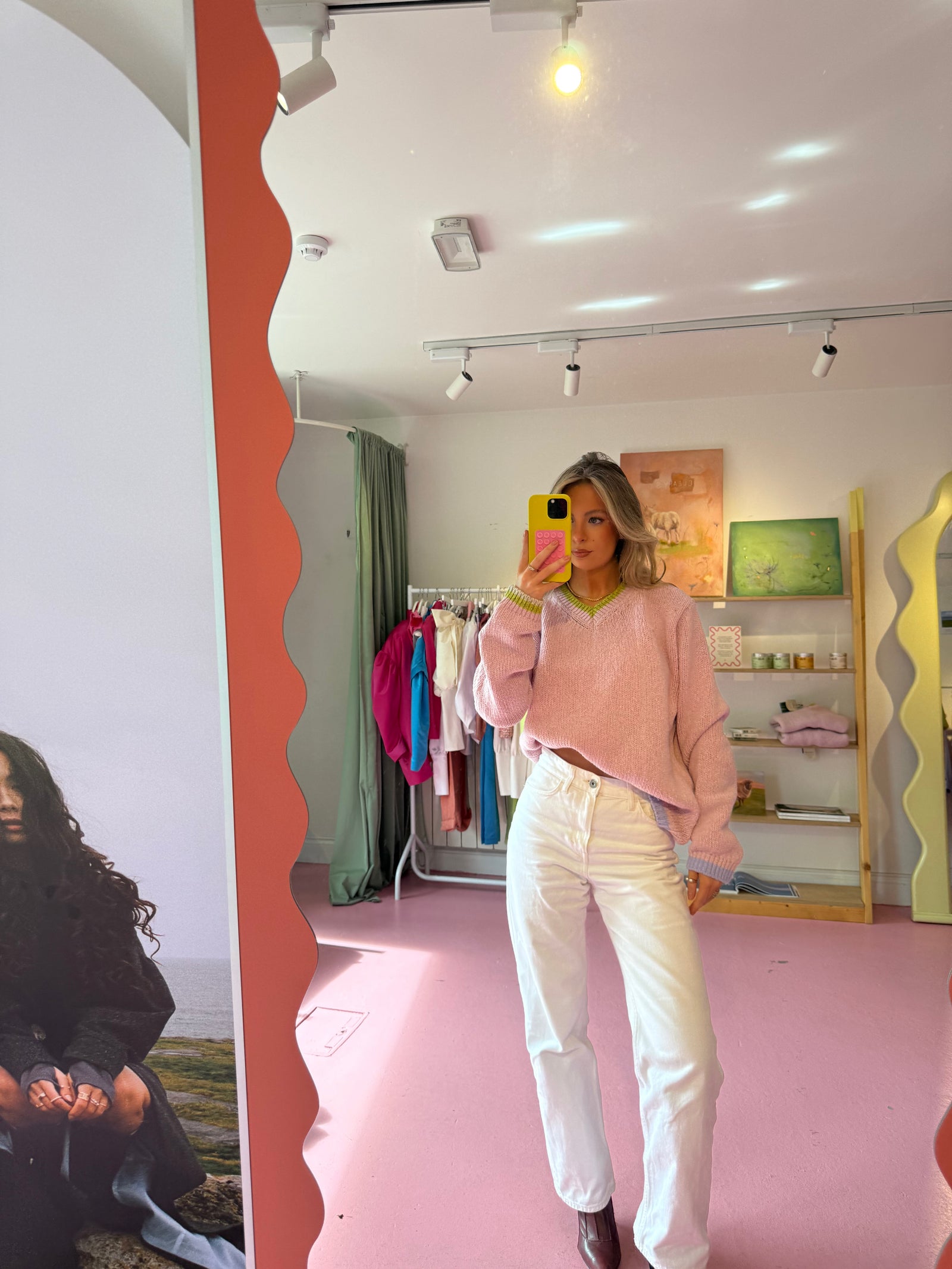 Kate O Connell wearing her Bloom Pink Aoife Mc Namara Jumper 