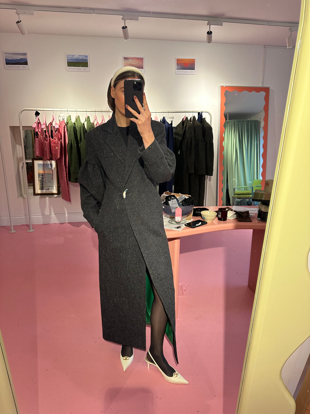 Model wearing Aoife Mc Namara Burren Long Coat 