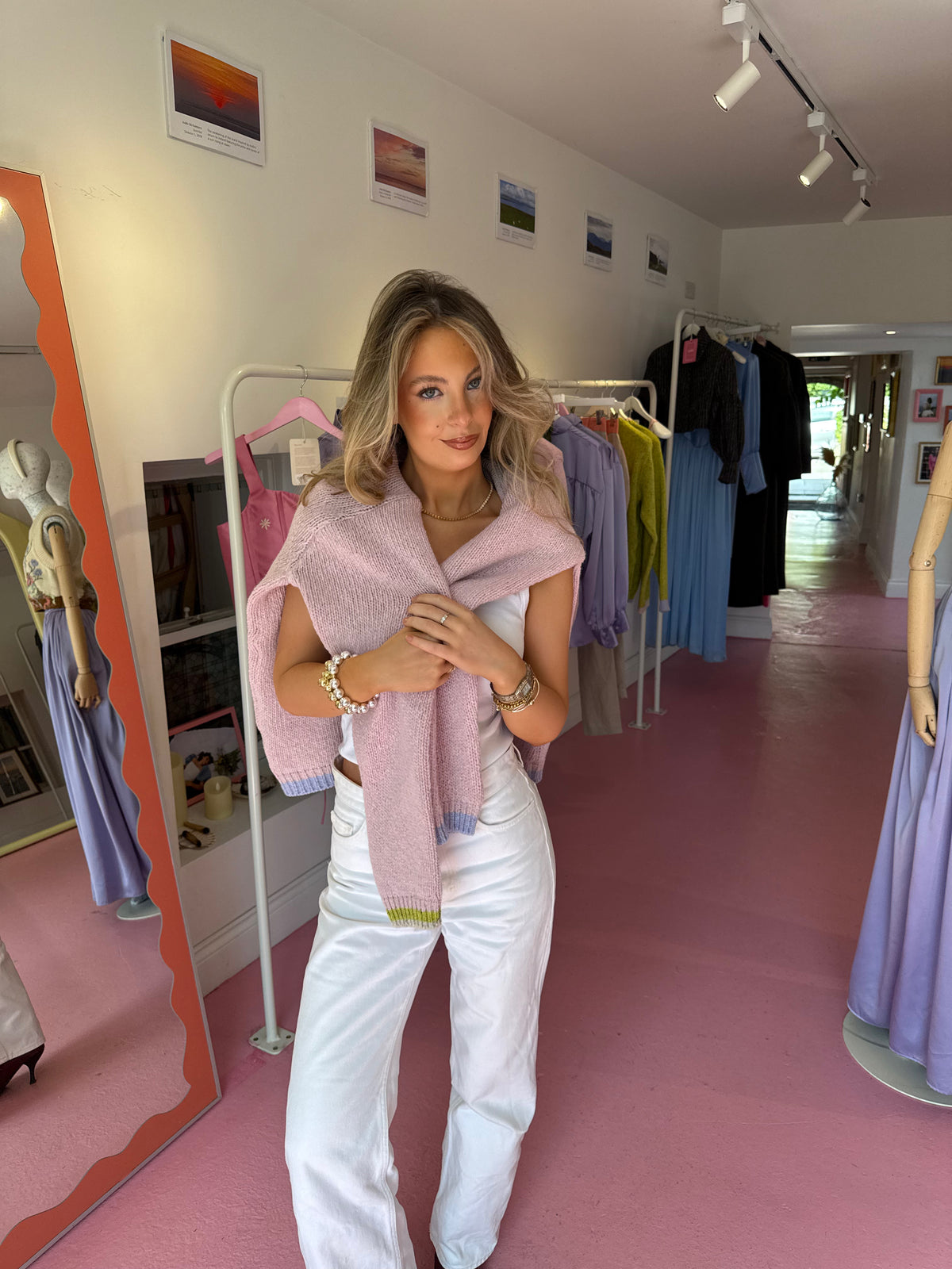 Kate O Connell wearing her Bloom Pink Aoife Mc Namara Jumper 